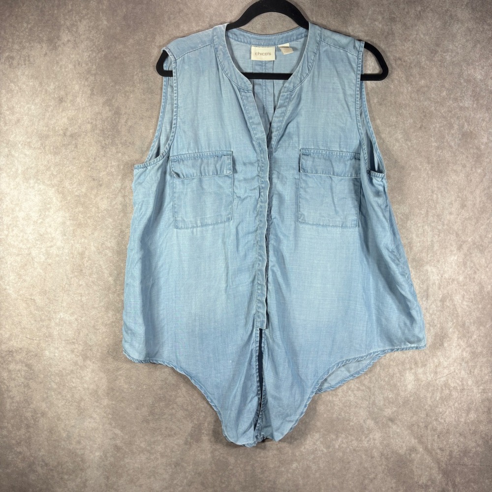 Chico's Top Womens‎ 3 US XL Blue Denim Chambray Tie Front Sleeveless Button Down